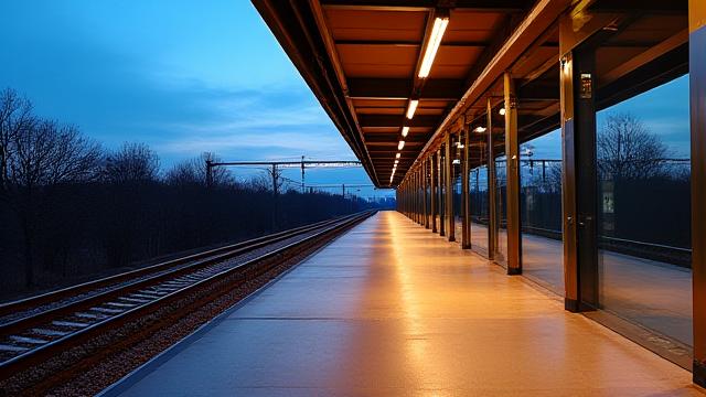 夕暮れ時のモダンな駅のプラットフォーム、光と影のコントラストが美しい
